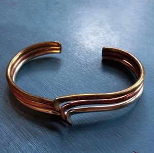 Vintage Mexico Stamped Tri-color Silver / Copper / Brass Modern Cuff Bracelet